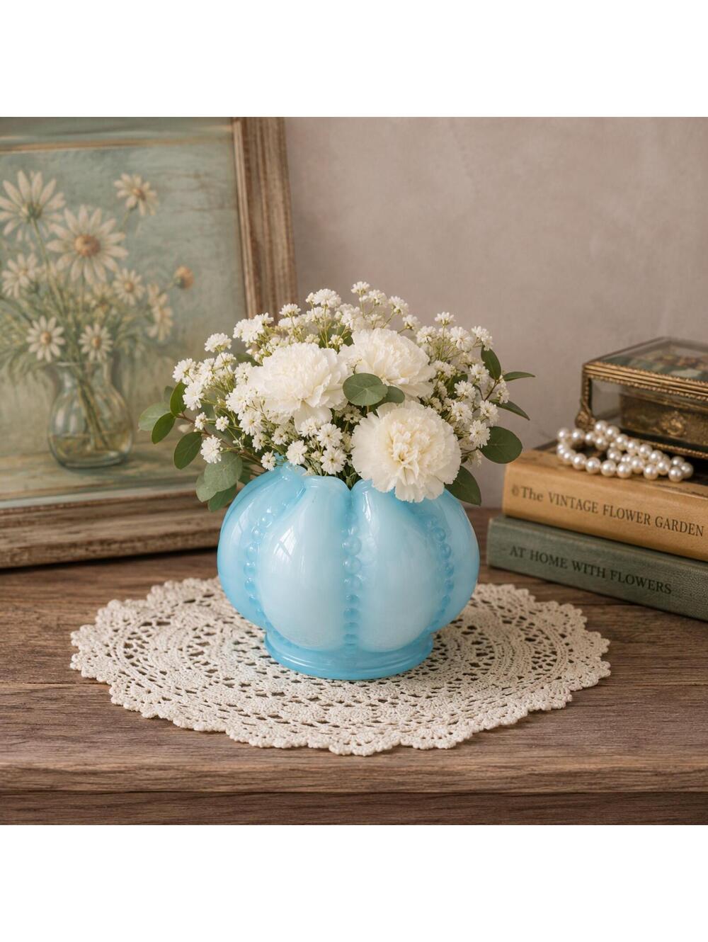 Vintage Fenton Blue Beaded Melon Vase Art Glass 1940s–1950s